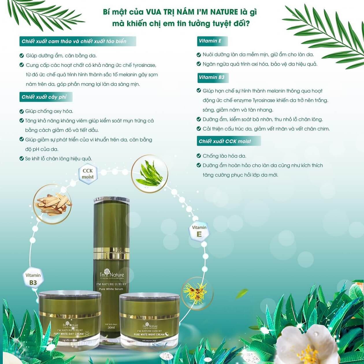 Thành phần chính của Bộ kem nám ngày đêm I'm Nature